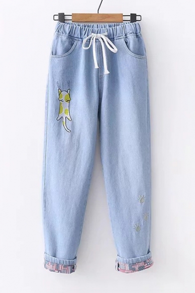 Lovely Paw Cat Embroidered Drawstring Waist Straight Jeans