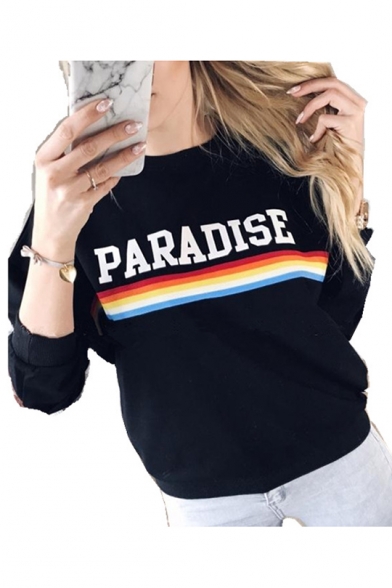 PARADISE Letter Rainbow Striped Printed Round Neck Long Sleeve Sweatshirt