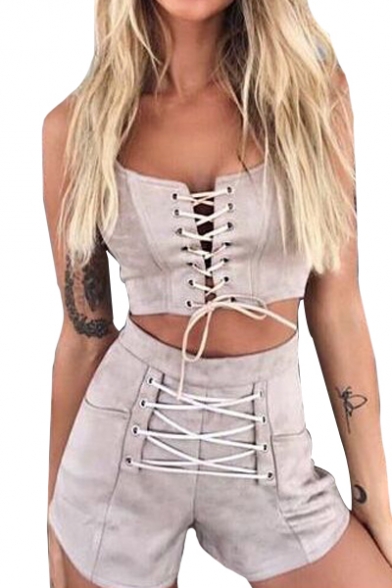 Plain Sleeveless Lace Up Front Round Neck Crop Tank with High Waist Skinny Shorts Co-ords