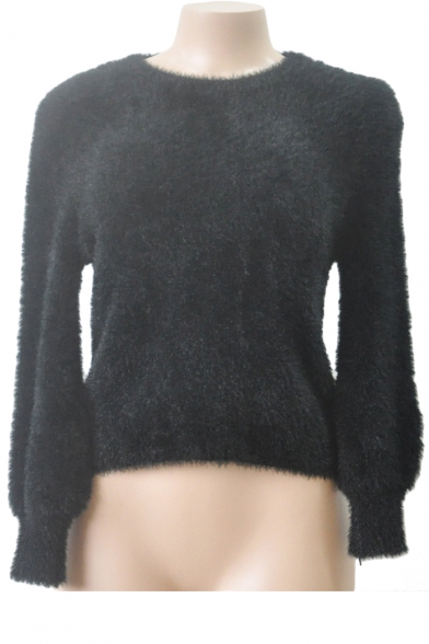 Round Neck Long Sleeve Plain Crop Plush Sweater