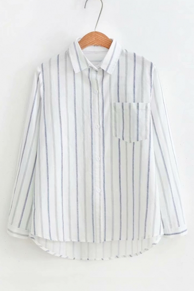 Striped Printed Lapel Collar Long Sleeve Button Down Casual Shirt