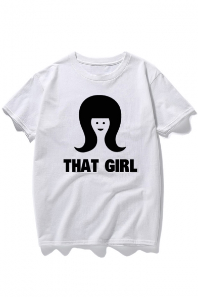 THAT GIRL Letter Cartoon Character Printed Round Neck Short Sleeve T-Shirt