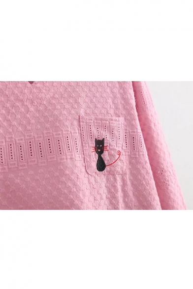 V Neck Cat Embroidered Button Side Long Sleeve Hollow Out Detail Tee