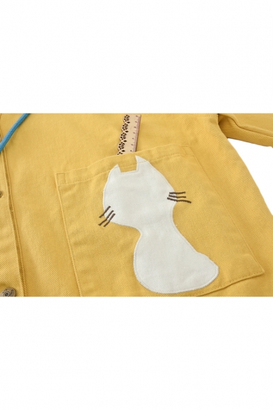Button Front Color Block Cat Embroidered Long Sleeve Hooded Jacket
