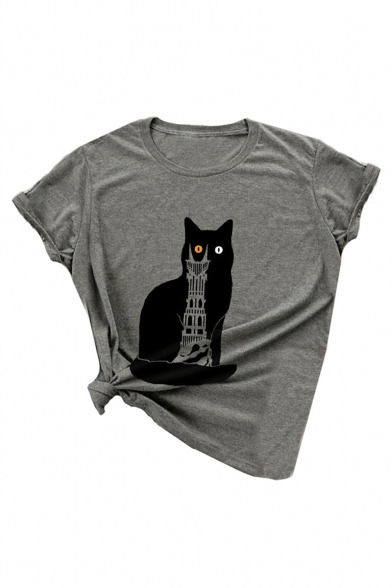 Cartoon Cat Building Printed Round Neck Short Sleeve T-Shirt