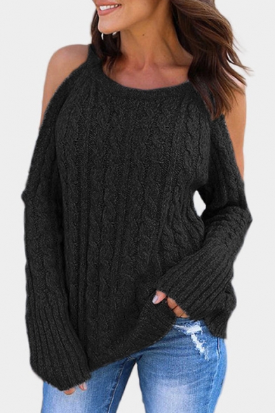 Cold Shoulder Plain Long Sleeve Round Neck Chic Sweater