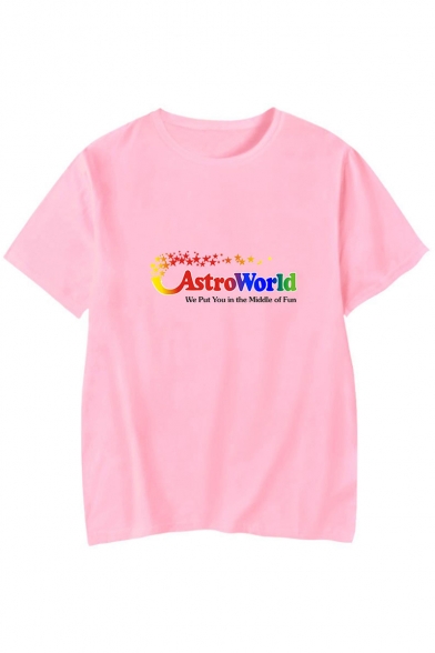 Colorful Letter Star Printed Round Neck Short Sleeve T-Shirt