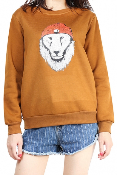 Comic Hat Lion Printed Round Neck Long Sleeve Sweatshirt