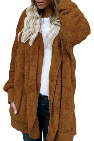 Faux Fur Plain Long Sleeve Open Front Warm Hooded Coat