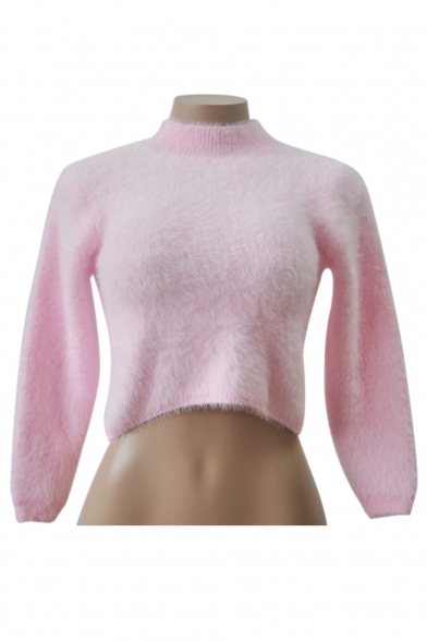 High Neck Long Sleeve Plain Crop Faux Fur Sweater