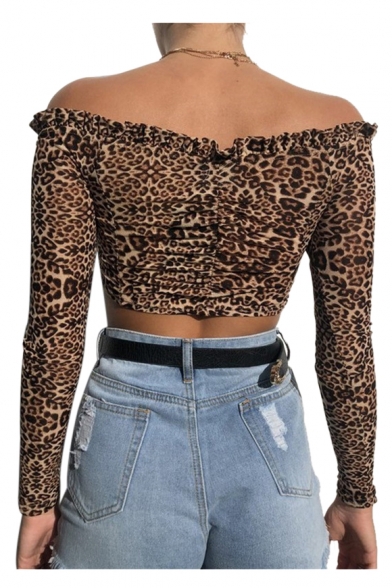 Leopard Printed Off The Shoulder Long Sleeve Crisscross Front Sexy Crop Top
