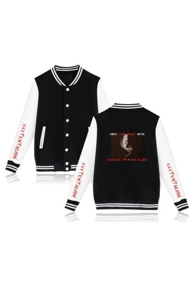 Letter Character Printed Back Color Block Long Sleeve Button Down Baseball Jacket