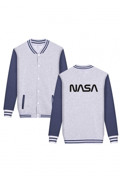 NASA Letter Color Block Contrast Striped Trim Long Sleeve Button Front Baseball Jacket