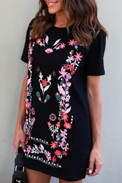 New Arrival Floral Printed Round Neck Short Sleeve Mini T-Shirt Dress
