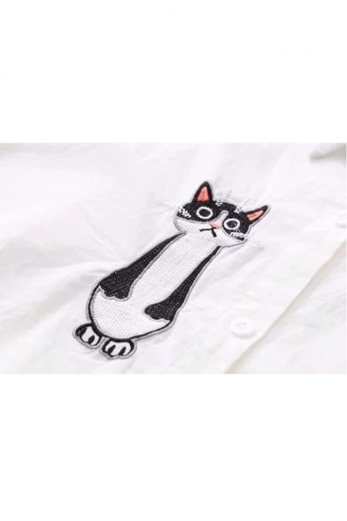 Simple Cartoon Cat Embroidered Lapel Collar Long Sleeve Button Up Shirt