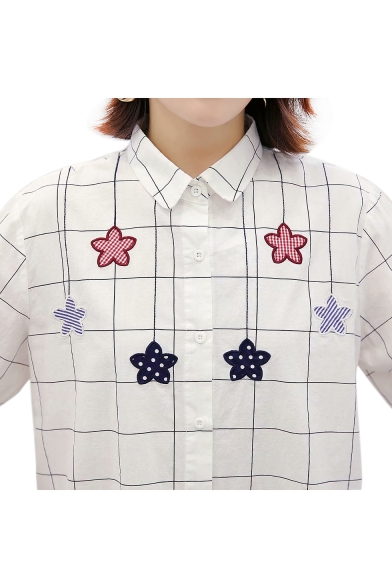 Star Embroidered Plaid Printed Lapel Collar Long Sleeve Button Front Shirt