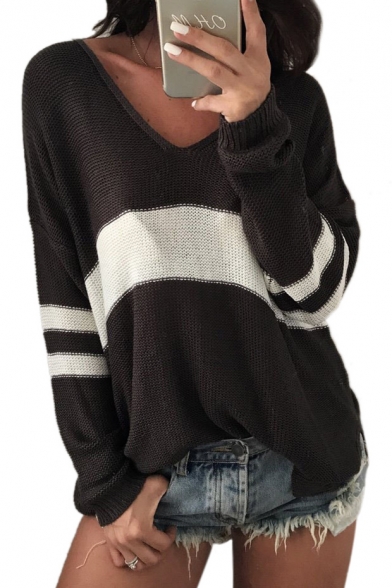 V Neck Color Block Long Sleeve Knit Leisure Sweater