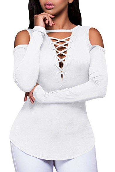 V Neck Lace Up Front Hollow Out Long Sleeve Plain Slim Tee
