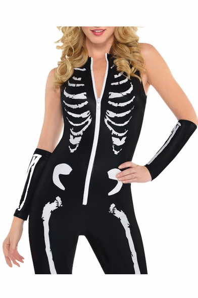Zipper Front Sleeveless Skeleton Printed Skinny Jumpsuit
