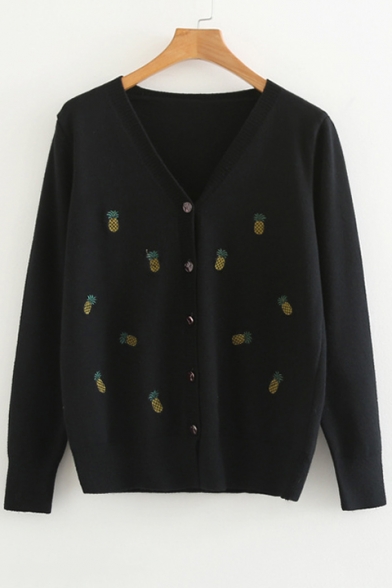 Button Front Pineapple Embroidered Long Sleeve V Neck Cardigan