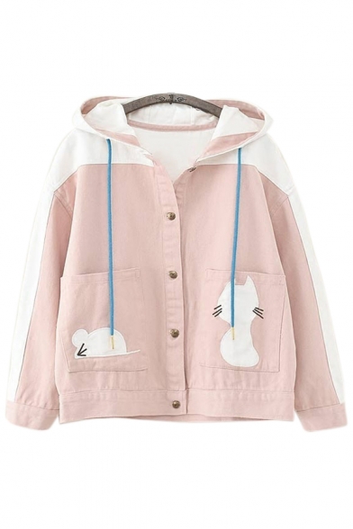 Color Block Cat Embroidered Long Sleeve Button Closure Hooded Jacket