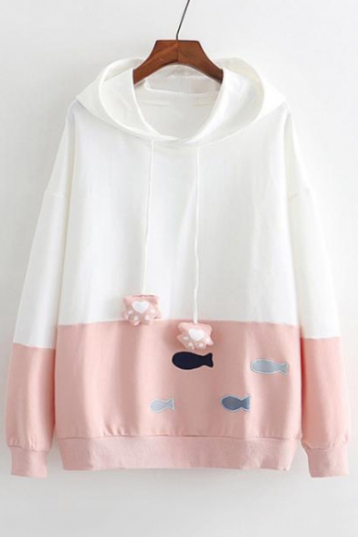 

Color Block Fish Embroidered Long Sleeve Casual Hoodie, Blue;pink;navy, LC481878