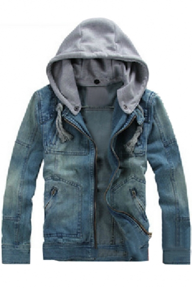 Detachable Contrast Hood Patchwork Long Sleeve Zip Up Denim Hooded Jacket