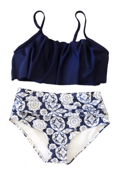 Fashion Spaghetti Straps Sleeveless Ruffle Detail Floral Printed High Waist Bottom Bikini