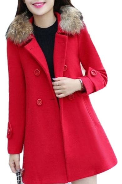 

Faux Fur Lapel Collar Long Sleeve Double Breasted Plain Tunic Coat, Black;green;red;rose red;yellow, LC482207