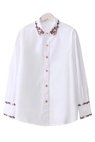 Floral Embroidered Trim Lapel Collar Long Sleeve Button Down Denim Shirt