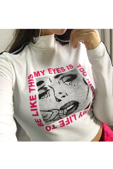 High Neck Character Letter Printed Contrast Striped Long Sleeve Crop Tee
