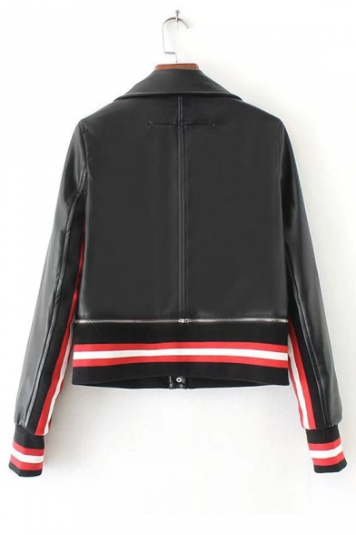 Lapel Collar Contrast Striped Rib Knit Trim Long Sleeve Zip Up Crop Leather Jacket