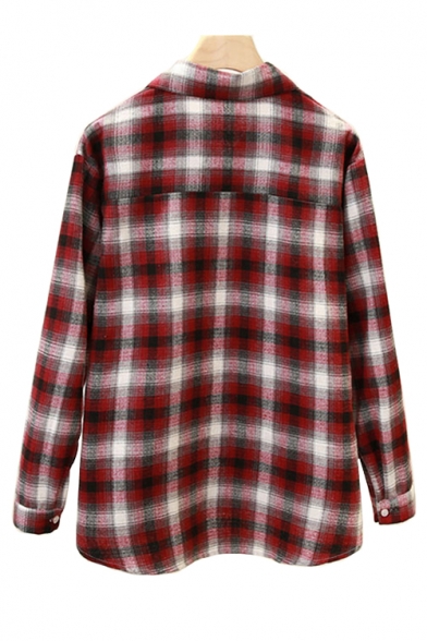 Lapel Collar Long Sleeve Plaid Printed Button Front Leisure Shirt