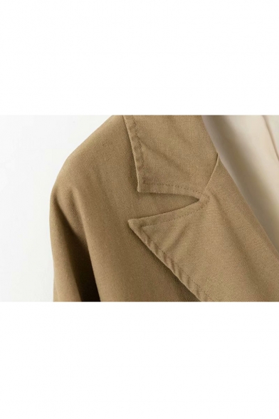 Notched Lapel Collar Long Sleeve Double Breasted Plain Trench Coat