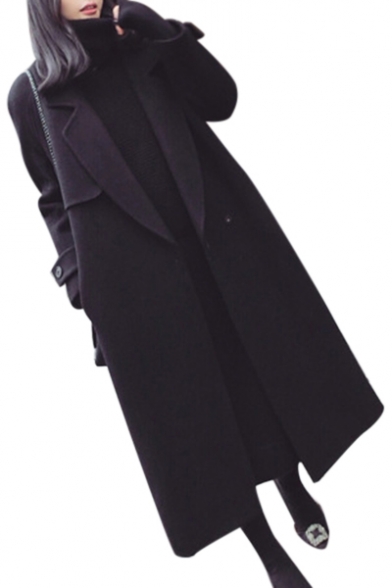 Notched Lapel Collar Long Sleeve Plain Tunic Woolen Coat