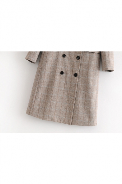 Notched Lapel Collar Plaid Printed Double Breasted Long Sleeve Tunic Coat