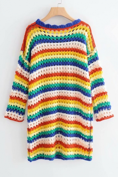 Round Neck Long Sleeve Rainbow Striped Hollow Out Midi A-Line Dress