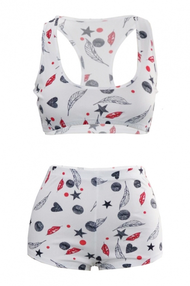Round Neck Sleeveless Cartoon Printed Crop Tank with Skinny Shorts Sports Co-ords