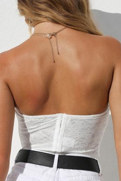 Sexy Sleeveless Strapless Slim Zip Up Back Crop Lace Bandeau