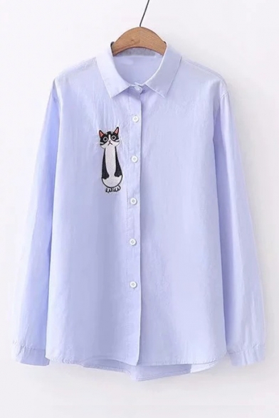 Simple Cartoon Cat Embroidered Lapel Collar Long Sleeve Button Up Shirt