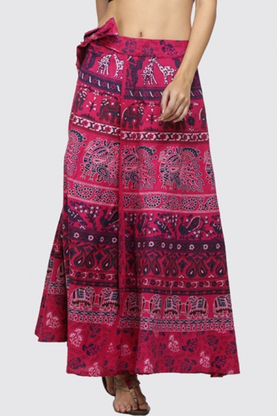 Tribal printed Leisure Loose Maxi Wrap A-Line Skirt