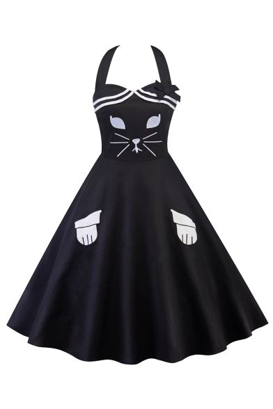 Vintage Cat Embroidered Halter Sleeveless Midi Flare Dress
