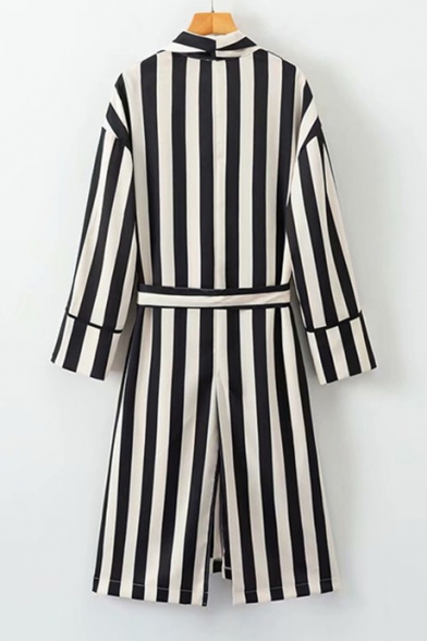 Vintage Wide Striped Long Sleeve Lapel Collar Tunic Kimono Coat