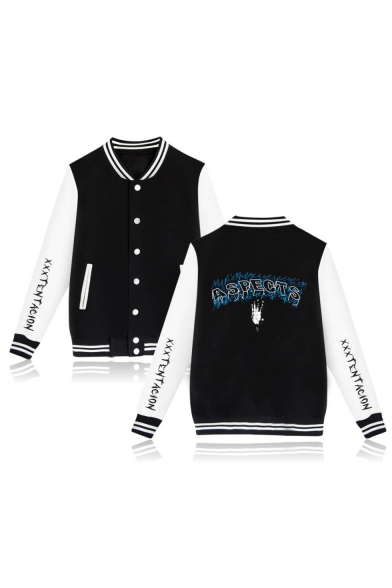 Button Down ASPECTS Letter Printed Stand Up Collar Color Block Long Sleeve Baseball Jacket