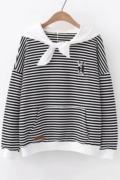 Cat Embroidered Striped Printed Tie Front Hood Long Sleeve Casual Hoodie