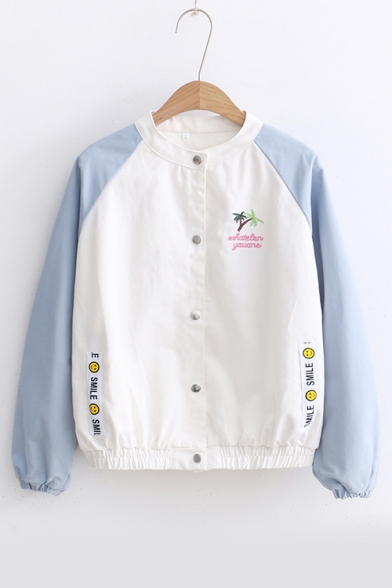 

Color Block Tree Letter Graphic Embroidered Long Sleeve Button Front Jacket, Blue;pink