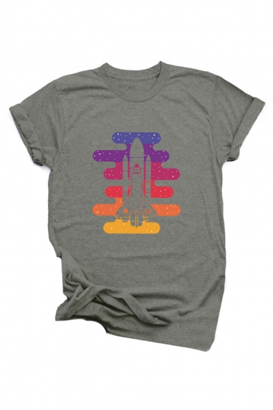 Colorful Rocket Printed Round Neck Short Sleeve T-Shirt