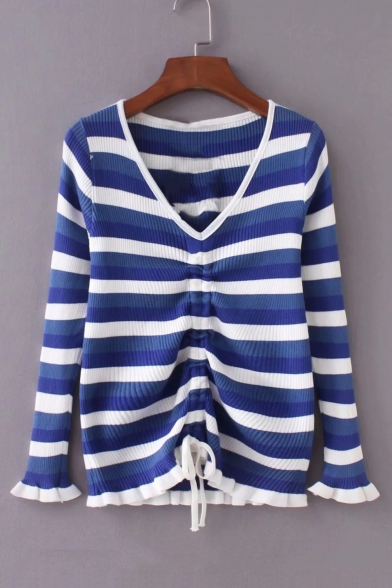 Drawstring Front Striped Printed V Neck Long Sleeve Ribbed Sweatshirt