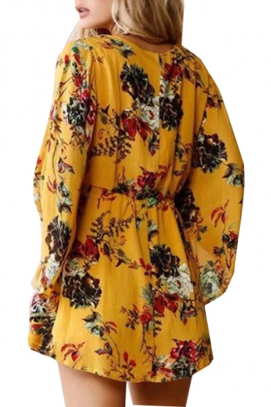 Floral Printed V Neck Long Sleeve Elastic Waist Mini A-Line Dress