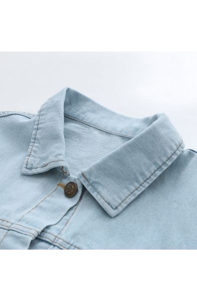 Lace Up Back Long Sleeve Button Front Lapel Collar Plain Denim Jacket